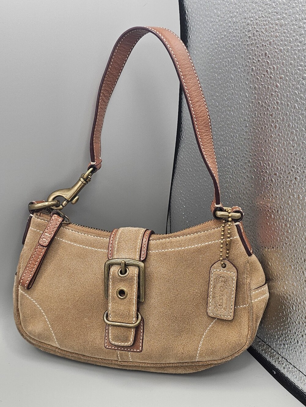 Vtg Y2k Coach Soho Buckle Suede Mini Purse Shoulder Bag Stain Flap Tan 8E89 Rare